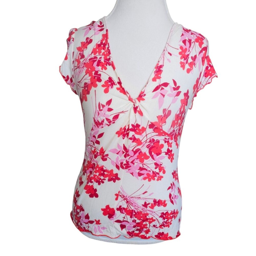 Y2K Banana Republic Babydoll Shirt Blouse Top Floral Ivory Pink Red Sz M Tencel